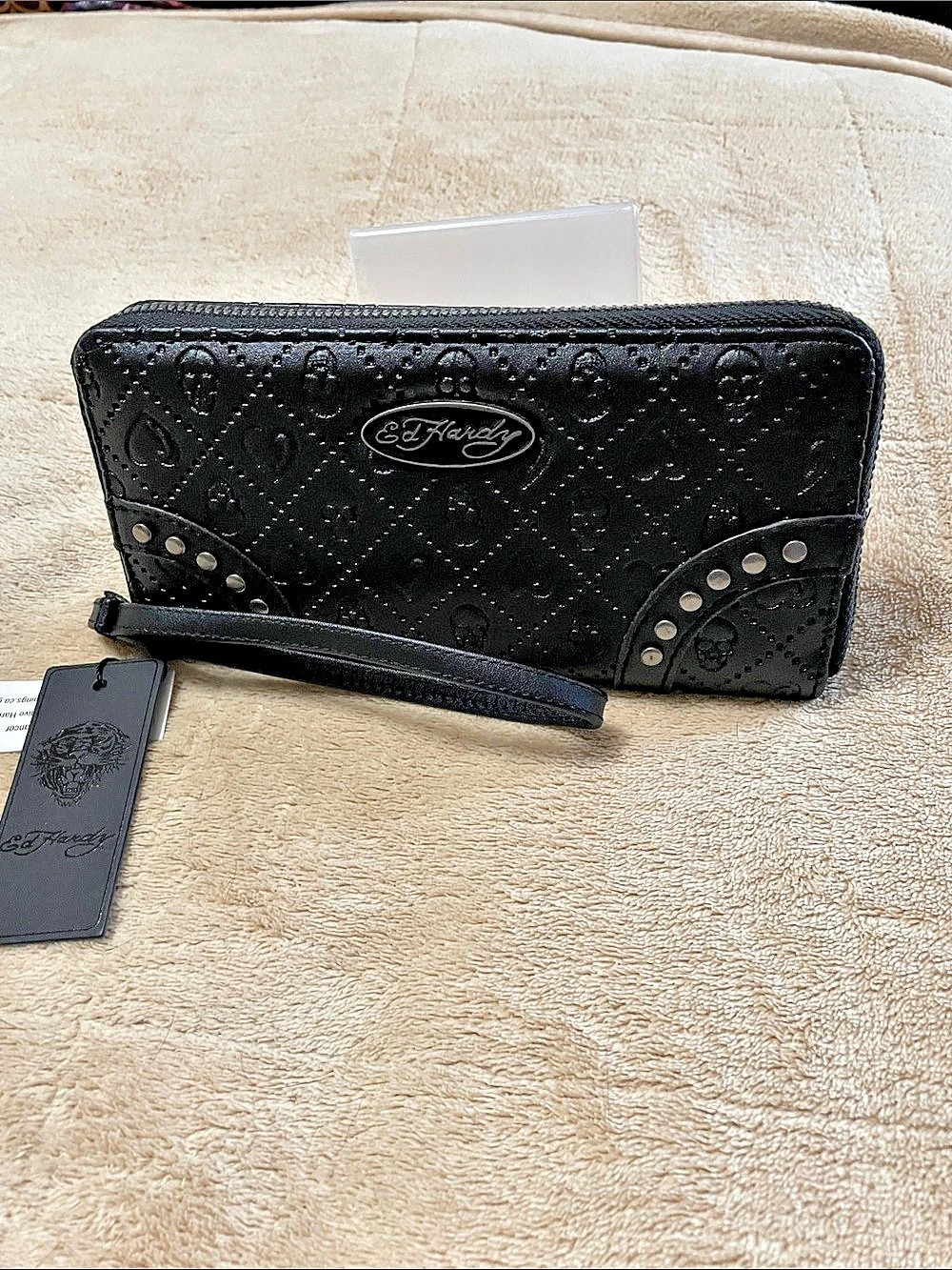 Ed Hardy Black Embossed Heart & Skull Zip-Around Wristlet Wallet